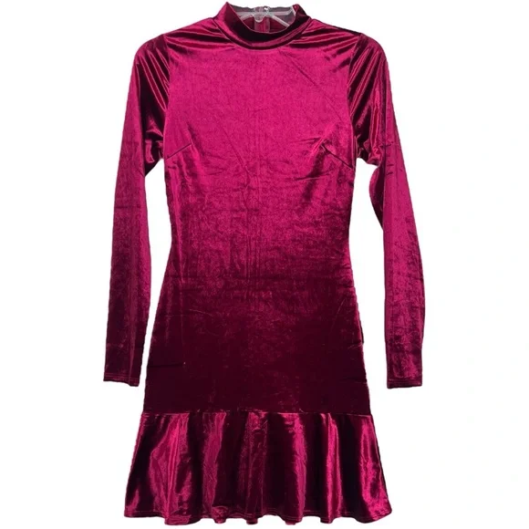 Lulus Flawless Charm Velvet Mock Neck Tiered Long Sleeve Mini Dress Berry Pink - Picture 4 of 8
